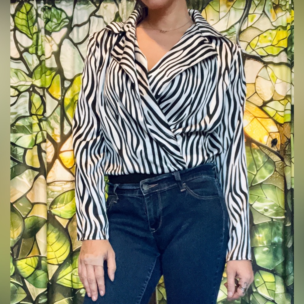 Parisian Works Black and White Zebra Blouse Bodysuit